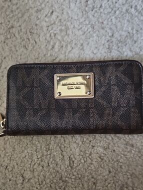Michael Kors Dark Brown Logo Plate Zip-Around Wallet